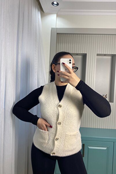 Auroveen Plush Textured V-Neck Button Detailed Cream Knitwear Vest Av330