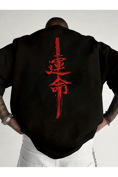 Eritqaa تي شيرت للجنسين قصة فضفاضة سيف وكتابة يابانية مطبوع (الظهر مطبوع )