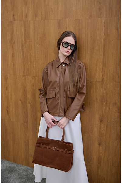 Birgül Bektaş Δερμάτινο μπουφάν με καφέ μπροστινή τσέπη