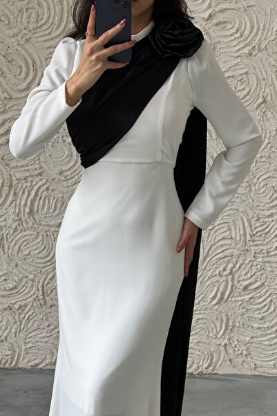 leyuze Çiçek Detaylı Drapeli Krep Kumaş Tesettür Abiye Ekru