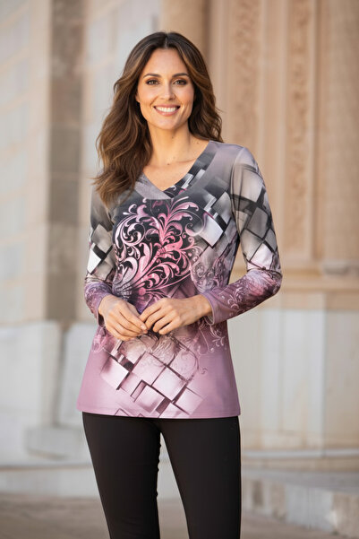 YXL COLLECTION Women's Plus Size Stretch Fabric V-Neck Patterned Long Sleeve Stone Mother Combed Cotton Blouse