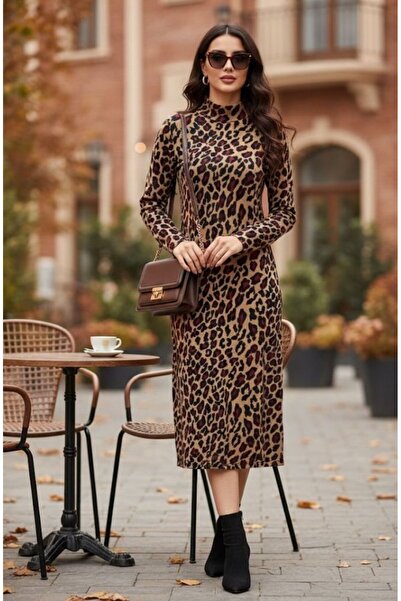 JANES Women's Long Sleeve Turtleneck Leopard Print Midi Dress