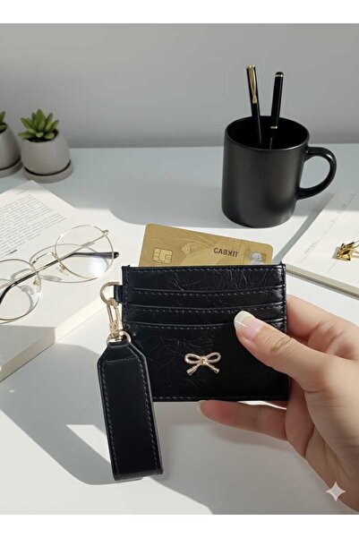 Uzs pace Bow Detailed Card Holder & Keychain - Black