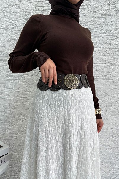 MELEK ARAZ Lace Textured Flared Long Skirt – White