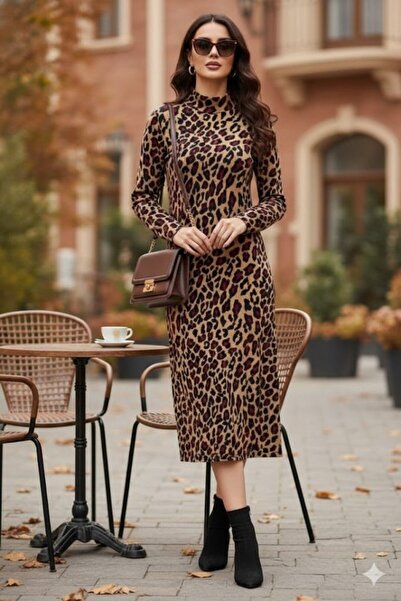 JANES Women's Long Sleeve Turtleneck Leopard Print Midi Dress