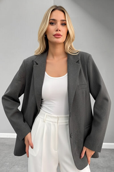 Sibel Günay Butik Women's Oversized Lined Blazer Jacket | Gray | Closed Pocke...