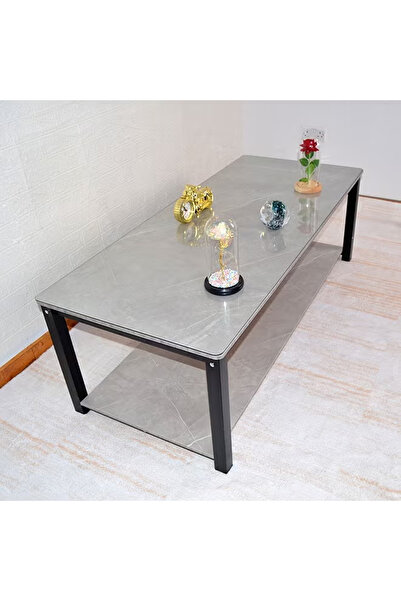 KEKE Gray Marble finish with Black Frame Top 2 Tier Modern Living Room Home Sofa Table