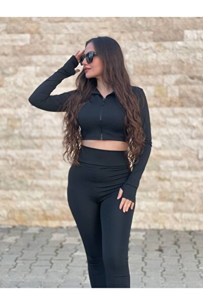Stile Bella Women's Long Sleeve Finger Zip Crop Top and High Waist Shaping / Sculpting Leggings Sports Set