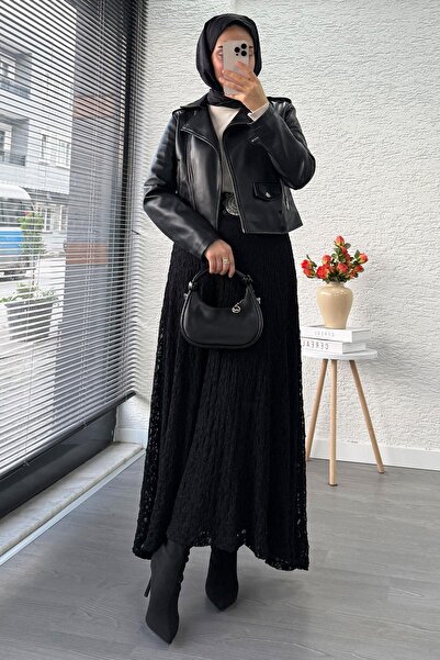 MELEK ARAZ Lace Textured Flared Long Skirt – Black