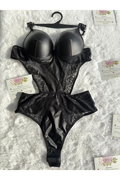 Nuzabi Velvet Siyah Dolgulu Balenli Deri Dantelli Bodysuit