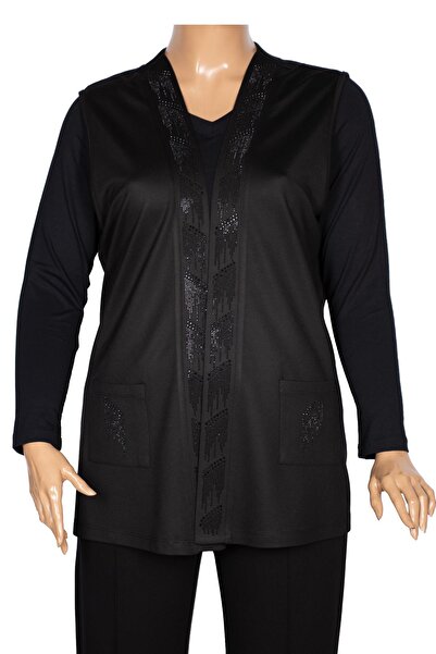 HESNA Women's Alcan Large Size 2 Thread Crystal Stone Pocket Black Vest