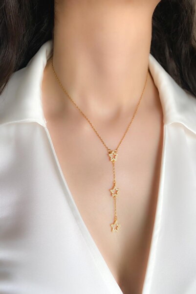 DEMOKAN Women's Steel Necklace Zircon Stone Three Star Y Necklace