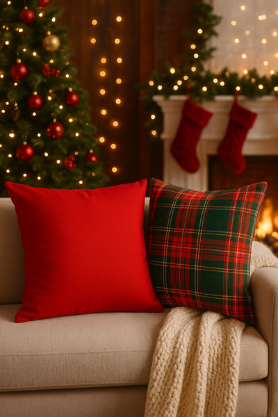 Uğur Home Ev Tekstili 2-Piece Christmas Themed Plain Red Decorative Throw Pillow Cover 43X43 cm - Cover Only - Solid Color