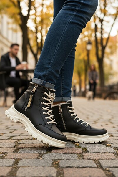 VeliKundura Conpax 8091 Black & Beige Women's Zippered & Lace-Up Boots