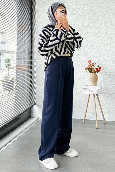 MELEK ARAZ High Waist Pleated Detailed Flowy Palazzo Pants - Navy Blue