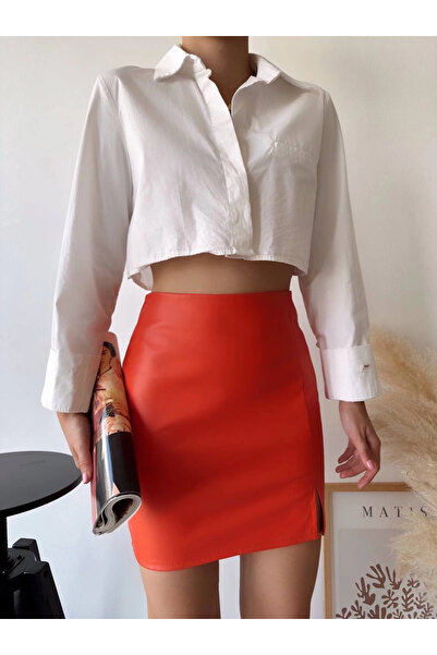 ZENGEZUR MALL Mtxdpn Single Slit Leather Skirt with Back Zipper Orange S24475 (153933) (Size: S)