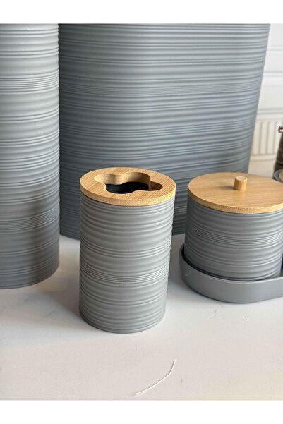 ROSSEV Acrylic 5 Piece Bamboo Lid Gray Bathroom Set