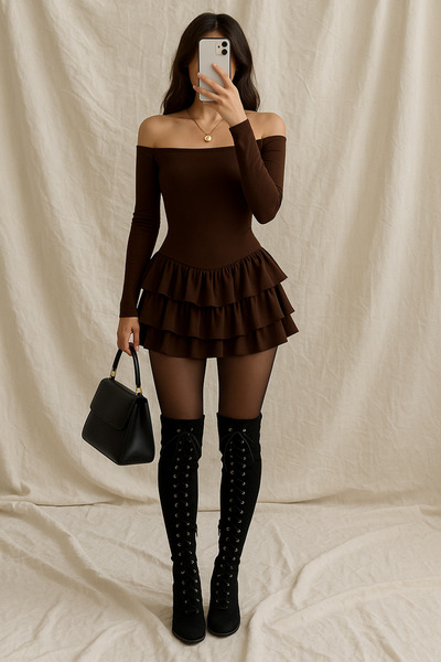 Rora Mini rochie cu decolteu bateau pentru femei – cu mâneci lungi