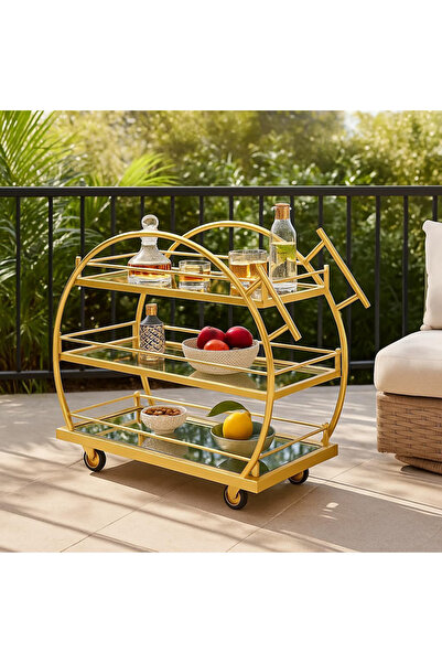 genric FFD 3-Tier Round Arched Bar Cart – Glass Shelves, Metal Frame, Lockable Wheels (Matte Gold, 100