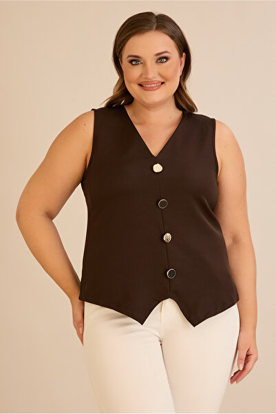 FOR ESRA BIG TREND Women's Plus Size V Neck Big Ornamental Button Sleeveless Vest Look Stretchy Woven Blouse