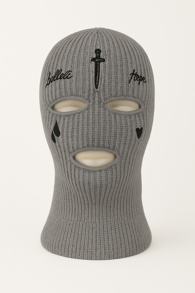 Verahed Acrylic Unisex Gray Winter Biker Mask with Tear and Sword Embroidery Knitted Balaclava