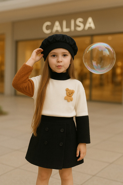 Calisa Girl's 3-Piece Combination Set: Plush Detail Sweatshirt + Velvet Skirt + Beret Set for Holidays