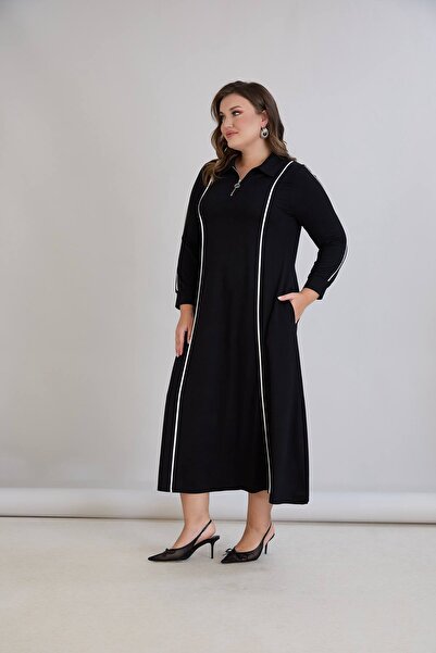 QUAWEAR Φόρεμα με φερμουάρ με γιακά μισό λαιμό με αντίθεση διακοσμητικό ρέλι από χτενισμένο βαμβακερό ύφασμα πλήρους μήκους