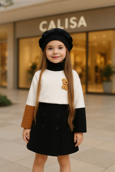 Calisa Girl's 3-Piece Combination Set: Plush Detail Sweatshirt + Velvet Skirt + Beret Set for Holidays