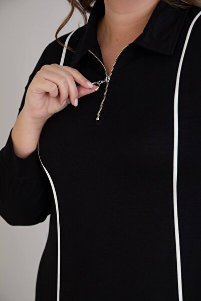 QUAWEAR Φόρεμα με φερμουάρ με γιακά μισό λαιμό με αντίθεση διακοσμητικό ρέλι από χτενισμένο βαμβακερό ύφασμα πλήρους μήκους