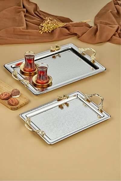 akdenizhome Gümüş 2'li Dikdörtgen Tepsi Seti