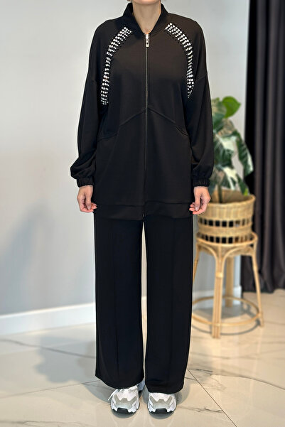 Lale Butik Combed Cotton Suit with Stone Detail on the Front 2015 Black