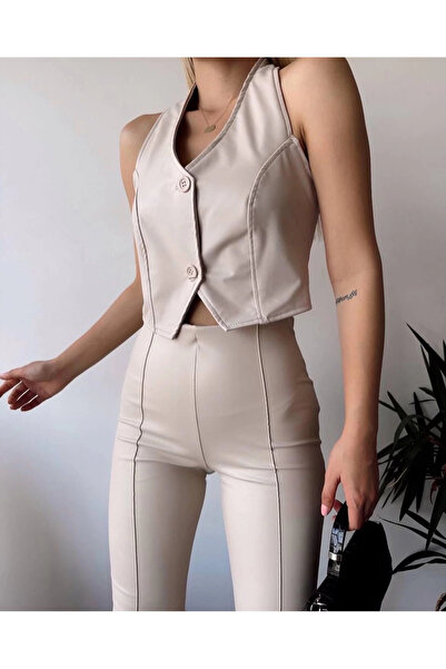 ZENGEZUR MALL MTXDPN Δερμάτινο γιλέκο με δύο κουμπιά κρεμ S243001 (153853) (Μέγεθος: S)