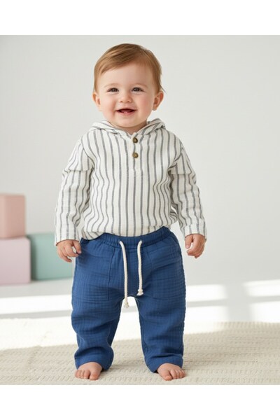 VOY KİDS Baby Boy Striped Muslin Set, Thin K Hooded 6-9-12-18-24 Months Musli...