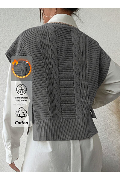 Dier Moda Women's Dark Gray Adjustable Patterned Side Tie Knit Sweater, Knit Sweater Fmoda505