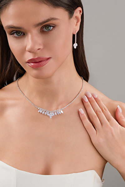 BEREN KILIÇ Aceline Kristal Taşlı Takı Seti Kolye Küpe Hediye Set Düğün Nişan...