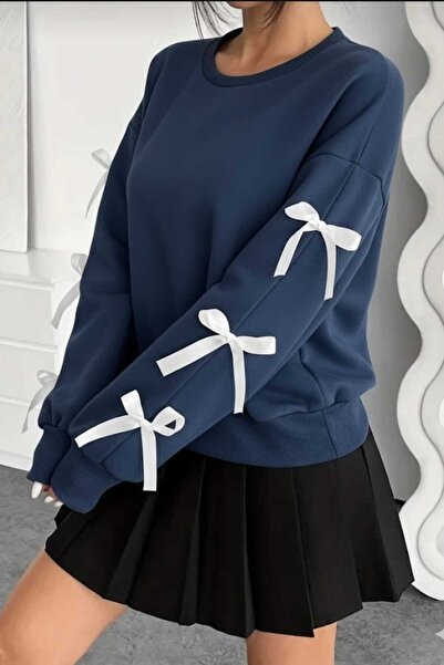 Abruzzo Ribbon Detailed Crew Neck Sweatshirt Stylish Modern - Cobalt Blue