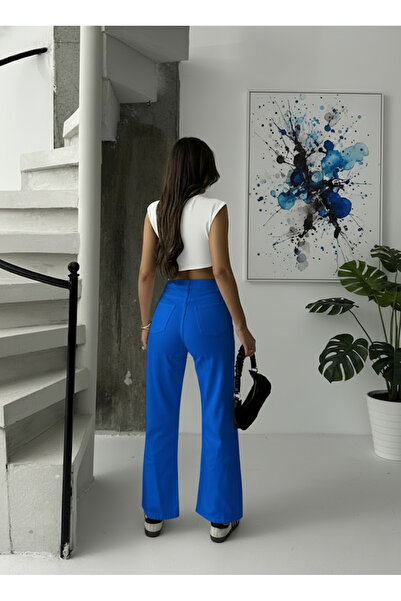 SHEVEGA Women's Sax Blue Color High Waist Linen Loose Palazzo Pants