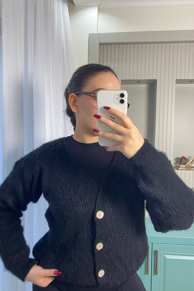 Auroveen Oversized Stone Button Detailed Soft Textured Knitwear Cardigan Av24...