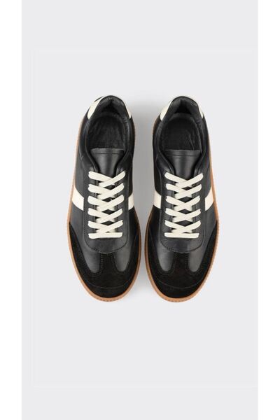cevaplus Black Genuine Leather Women's Sports Shoes