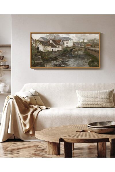 Emoda home Trove French Town Countryside Wall Art – Vintage River Landscape (60x120 cm Framed)