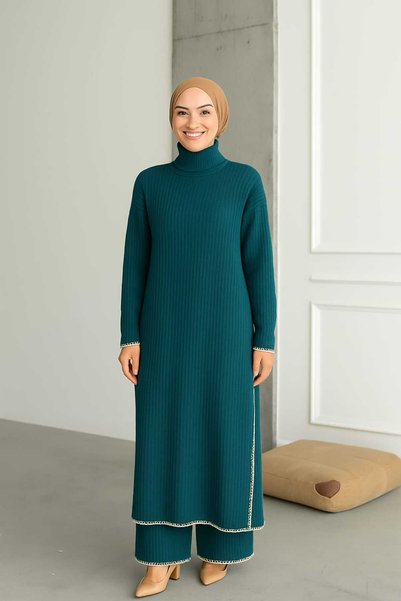 newmisal Women's Shepherd's Stitched Double Suit with Pants with Slits on the Sides