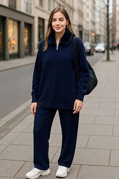 semela Fur Zippered Polo Neck Knitwear Set