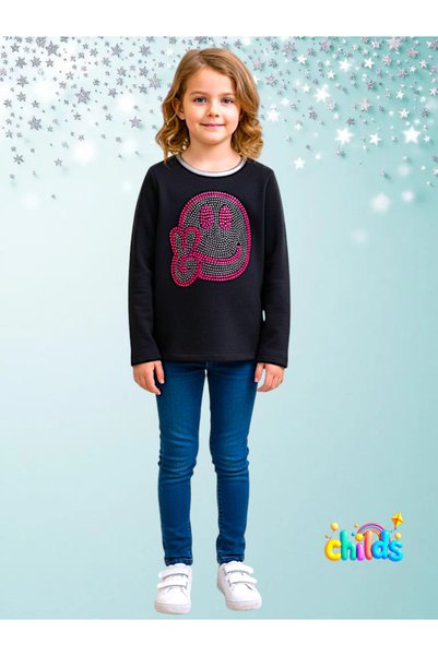 childs Smiling Face Stone Printed Winter Unbrushed Cotton Three-Piece Long-Sleeved Dark Navy Sweatshirt