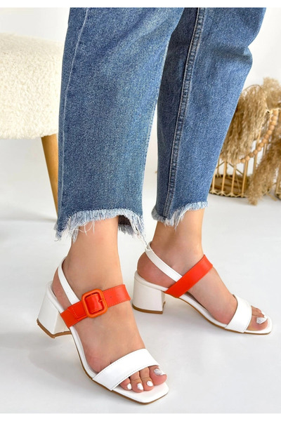 ZENGEZUR MALL Mtxdpn Year White Skin Orange Detailed White Heeled Shoes (154625) (Size: 36)