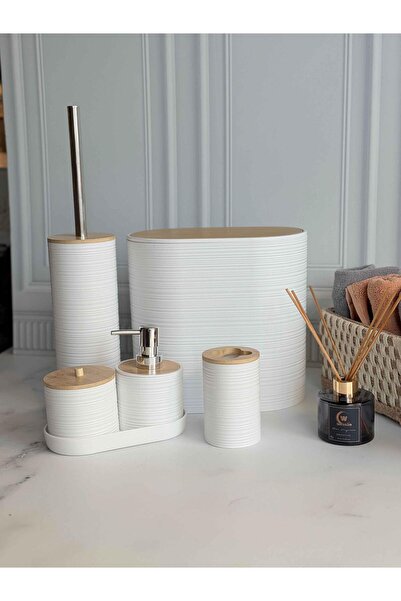 ROSSEV Acrylic 5 Piece Bamboo Lid White Bathroom Set
