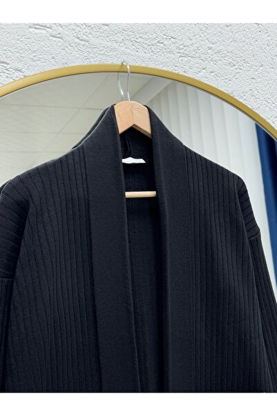 MİHRA STORE Alicia Double Pocket Sleeve Gold Button Corded Fabric Long Cardigan-Zi̇5212 Black