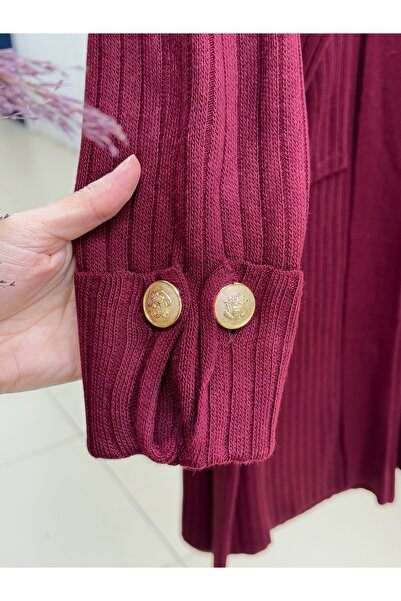 MİHRA STORE Alicia Double Pocket Sleeve Gold Button Corded Fabric Long Cardigan-Zi̇5212 Burgundy