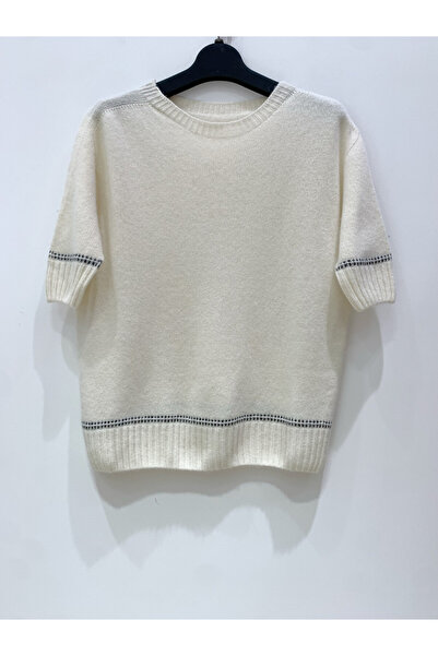 FASHION Lightweight Wool, Viscose & Cashmere Blend Sweater with Short Sleeves - Ecru