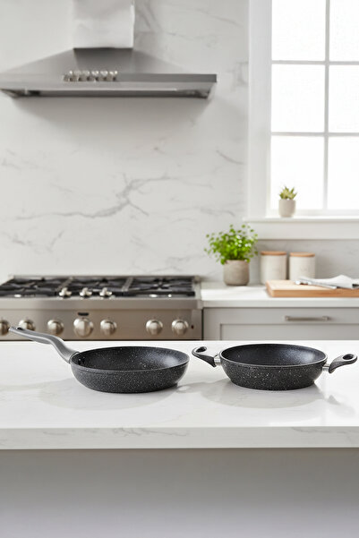 FİTHOME 2 Piece 18 cm Saucepan 22 cm Frying Pan Bio Granite Saucepan and Frying Pan Set Fireproof Non-Stick