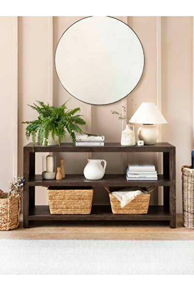 feruzadeco Rustik Koyu Ceviz Masif Konsol | 2 Raflı El Yapımı Dresuar | Doğal Ahşap 150x38x80 cm